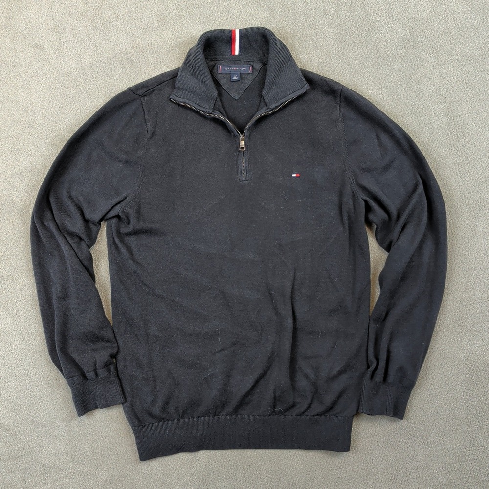 Tommy Hilfiger Quarter Zip Sweater Mens Small Black Cotton Mock Neck Pullover